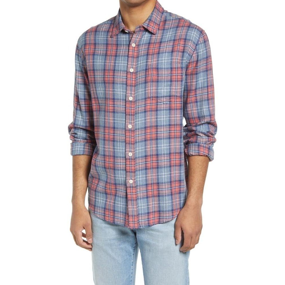 FAHERTY Brand Plaid Button Down Shirt L Blue Red Coastal Casual
